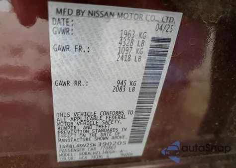 2025 Nissan Altima Sv from USA, damaged, VIN 1N4BL4DV2SN390205